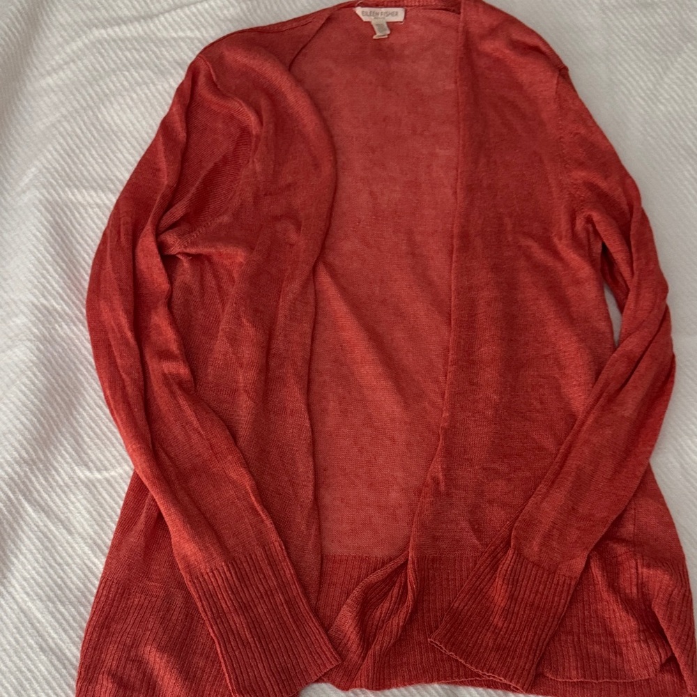 Women's linen Open Front Cardigan Sweater - Coral Petite Medium